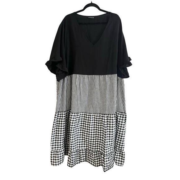 BLOOMCHIC Gingham Patchwork V Neck Pocket Ruffles Dress Black White - Sz 30 - Picture 3 of 7